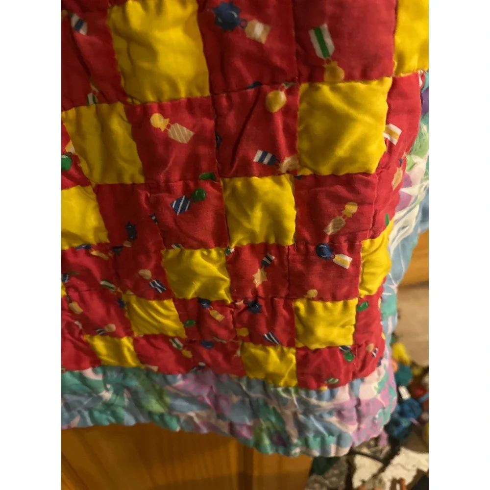 Vintage Handmade 80s 90s Patchwork Quilt Floral Geometric Print Multi Color